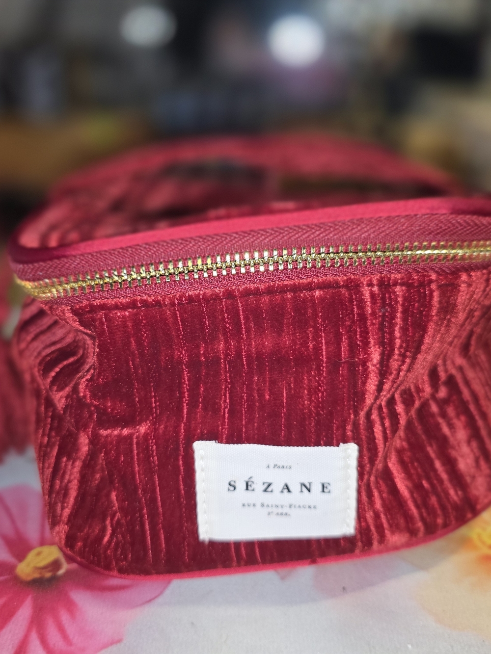Sézane Red Velvet Zip Cosmetic Case with Gold Hardware
